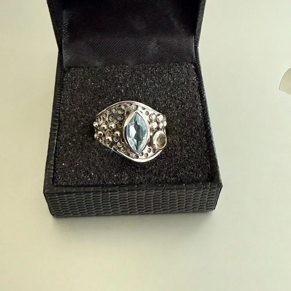 Natural Blue Topaz And Citrine Sterling Silver Ring Marquise Cut Bali Framed 7